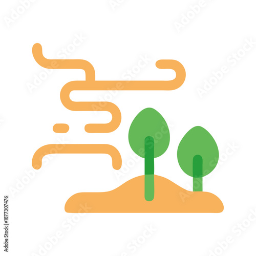 Minimalist trees with blowing sand over a small hill
