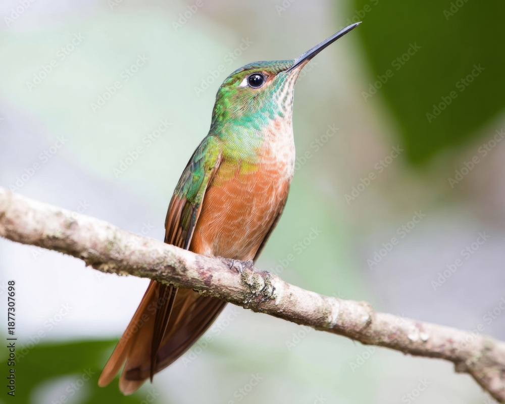 Fototapeta premium Vibrant Fiery-throated Hummingbird on Branch High-Quality Conservation Stock for Ecological Preservation Marketing