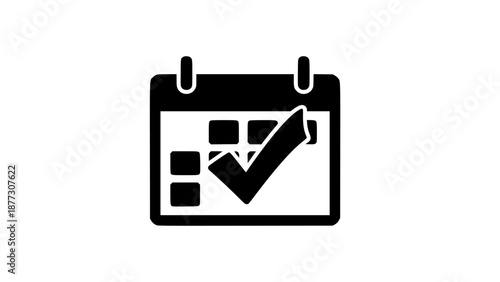 Black Silhouette Icon of a Calendar with a Large Checkmark on White Background