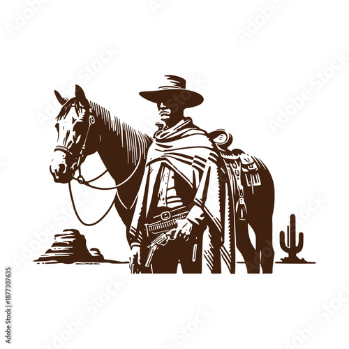 Cowboy with horse in wild west landscape