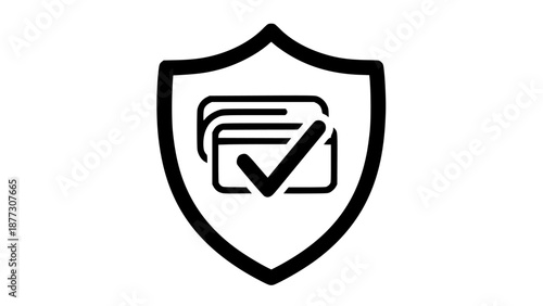 Black Silhouette Icon of a Shield Protecting Credit Cards with a Checkmark on White Background