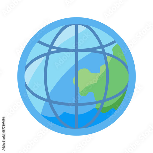 Cartoon globe with grid lines showing continents, flat illustration