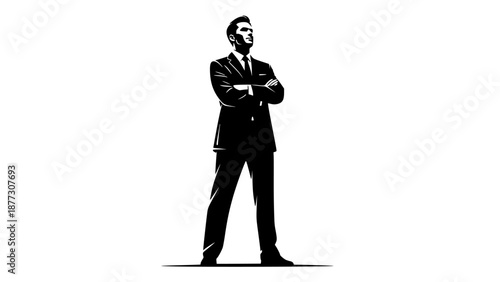 Black Silhouette of a Confident Businessman with Arms Crossed on White Background