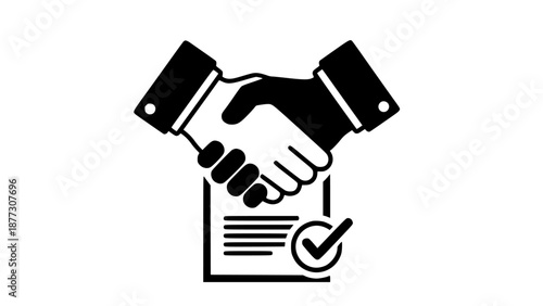  Black Silhouette Icon of a Handshake Over a Signed Contract on White Background