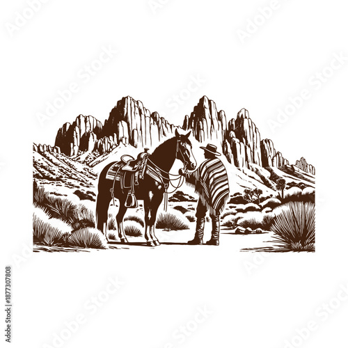 Cowboy with horse in desert landscape