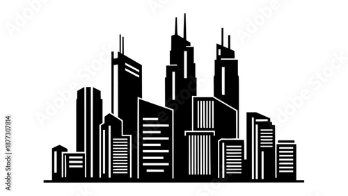  Black Silhouette of a Dense City Skyline with Tall Buildings on White Background