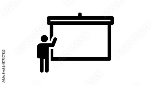 Black Silhouette Icon of a Person Presenting in Front of a Projector Screen on White Background