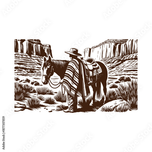 Cowboy with horse in desert landscape