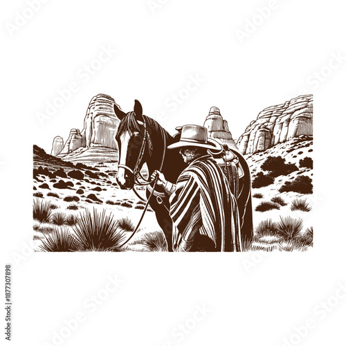 Cowboy with horse in desert landscape
