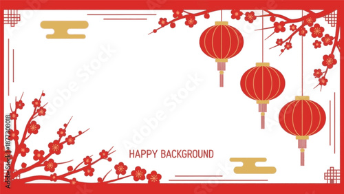 Festive Chinese New Year background with red lanterns and blooming branches