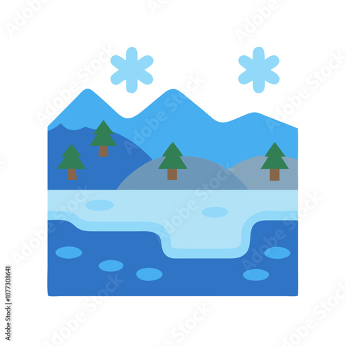 Flat design illustration of winter landscape with mountains and snow
