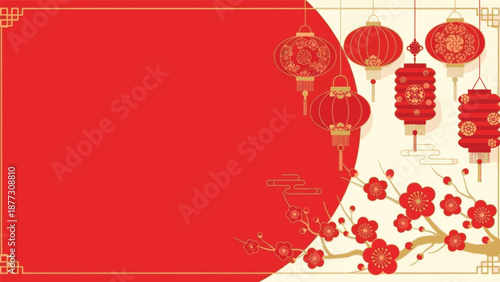 Vibrant Chinese New Year Celebration with Red Lanterns and Blooming Cherry Blossoms on Festive Background