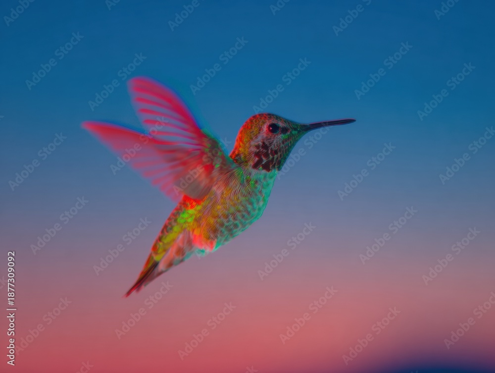 Naklejka premium Modern Majestic Hummingbird in Flight Glitch Purple Tones for Wildlife Education and Inspiring Commercial Content
