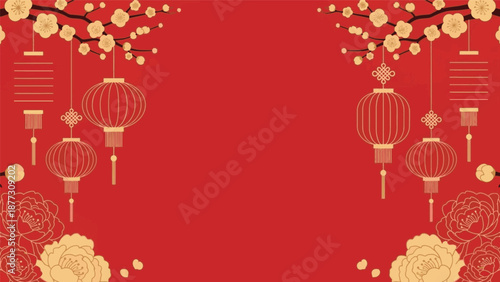 Traditional Chinese New Year Decorative Background with Lanterns and Cherry Blossoms