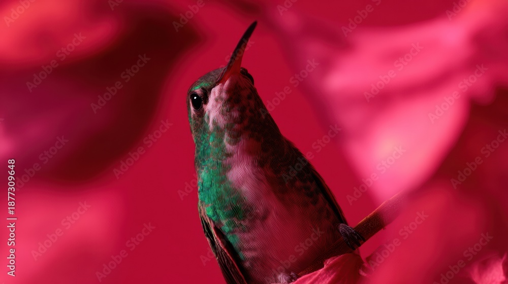 Fototapeta premium Premium Hummingbird Detail Vibrant Signal Green and Red, Biodiversity Symbol for Garden Design and Marketing Content