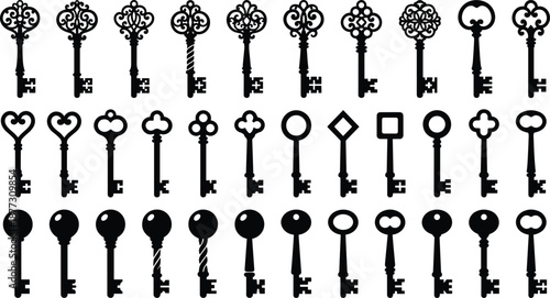 Vintage ornamental key silhouettes collection featuring antique skeleton keys, decorative shapes, and classic metal designs, black isolated set for security concepts, restoration, branding .