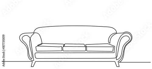 continuous line drawing of a modern two-seater sofa with cushions. A clean, elegant black-and-white sketch, a single fluid stroke.a comfortable sofa in a minimalist Vector illustration.