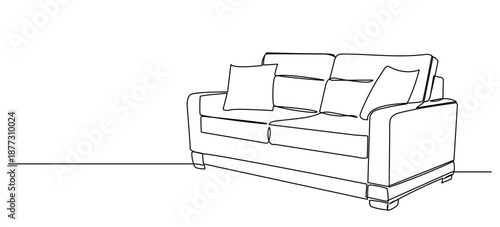 continuous line drawing of a modern two-seater sofa with cushions. A clean, elegant black-and-white sketch, a single fluid stroke.a comfortable sofa in a minimalist Vector illustration.