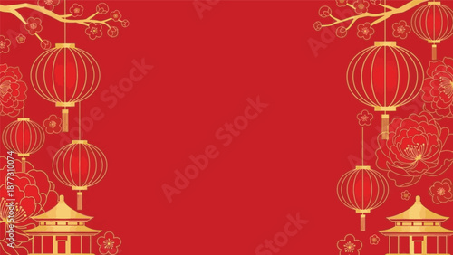 Traditional Chinese New Year decorations, featuring hanging lanterns and blossoms on a red background, symbolizing prosperity and good fortune