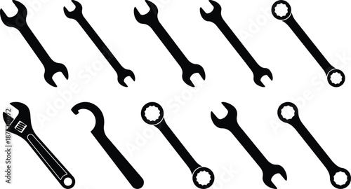 Wrench and spanner silhouette set featuring adjustable and fixed tools, black isolated mechanical hand tools collection for repair, maintenance, construction, automotive .