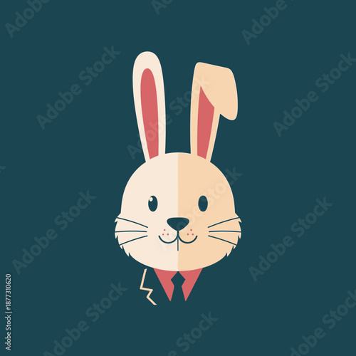 A cartoon rabbit head with a suit and tie on a dark background