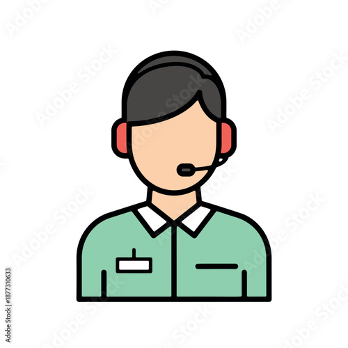 A customer service representative wearing a headset and uniform is ready to assist clients with a friendly and professional demeanor