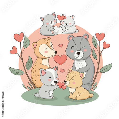 Adorable cartoon animals showing affection surrounded by hearts and leaves in a circular frame