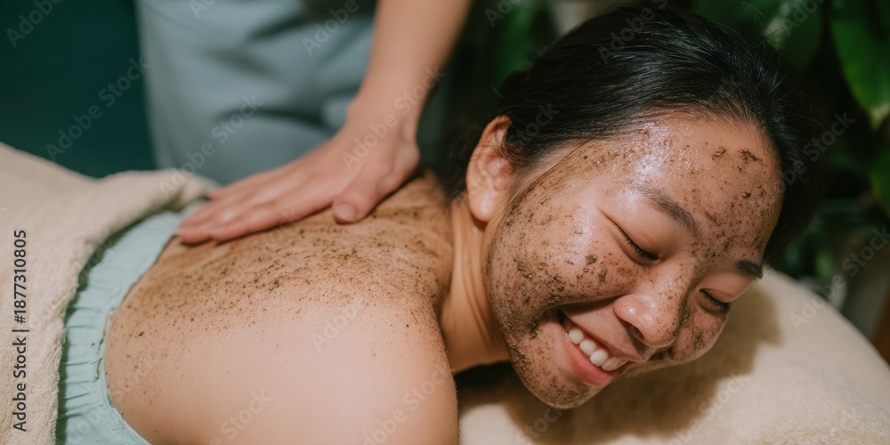 Naklejka premium Asian young woman enjoying a relaxing back massage and mud clay mask treatment at a beauty spa for skin care and wellness with copy space
