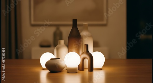 Elegant Ceramic Vases and Glowing Lamps in Warm Modern Interior