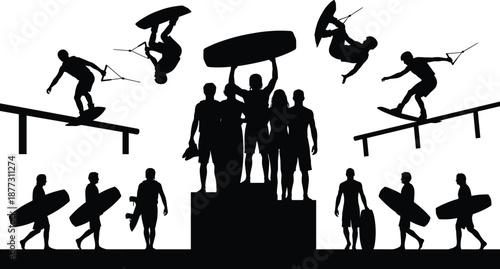 Wakeboarding silhouettes showing tricks, jumps, rails, group teamwork, extreme water sports action vector illustration isolated on white background design collection