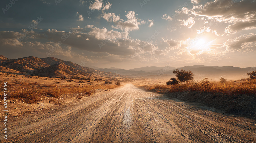 Fototapeta premium A dirt road winds through a desert landscape under a cloudy sky, with mountains in the background