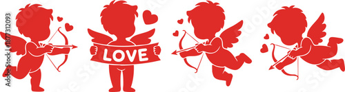Red Valentine's Day Cupids with Bows and Arrows, Whimsical Cupid Illustration Set with "Love" Banner, Minimalist Red Cherub Silhouettes for Romantic Designs, Cupid Silhouette Collection, vector.