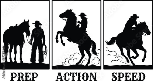 Western cowboy horse silhouettes showing prep action speed, rodeo training sequence, wild west vector illustration isolated on white background design