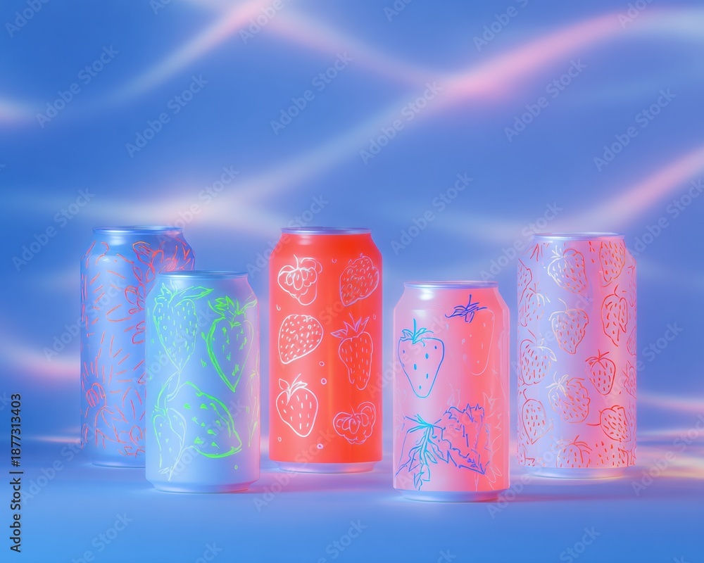 Fototapeta premium Trendy soda with various colorful aluminum cans depicting raspberry, strawberry, and watermelon fruit flavors, glowing in Iris Dream and Watermelon palette for beverage advertising and social media