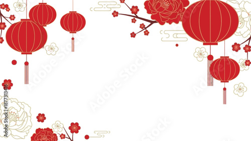 Elegant festive Asian border design with traditional red lanterns and golden floral blossoms, perfect for cultural celebrations and holiday greetings