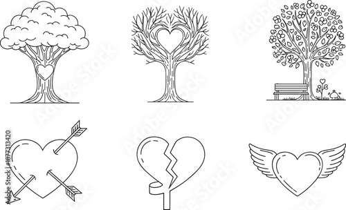 Minimal black line heart tree symbols set featuring love nature romance icons for tattoos coloring pages posters prints designs