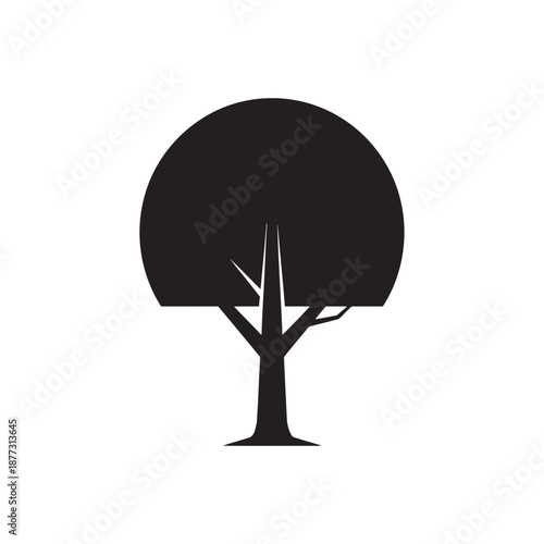 Black stylized tree silhouette with rounded canopy and branching trunk