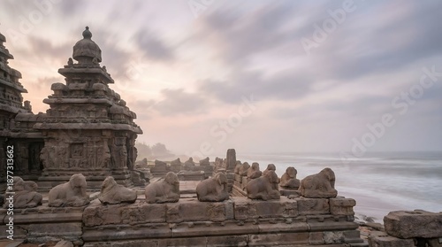 Ancient Mahabalipuram temple by serene ocean with intricate carvings and sculptures