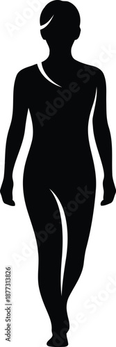 Black silhouette of a woman walking forward with white accents