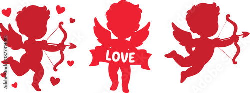 Whimsical Red Cupid Silhouettes with Hearts and "Love" Banner, Minimalist Trio of Flying Cherubs with Bows and Arrows, Decorative Valentine's Day Cupid Graphic Collection, vector, illustration.