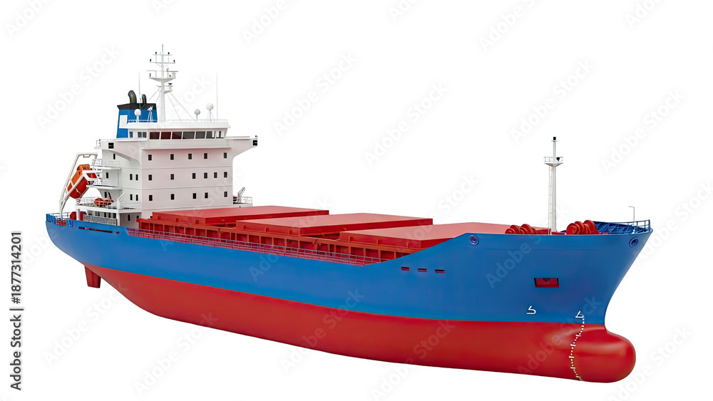 Fototapeta premium Blue and red cargo ship with container covers