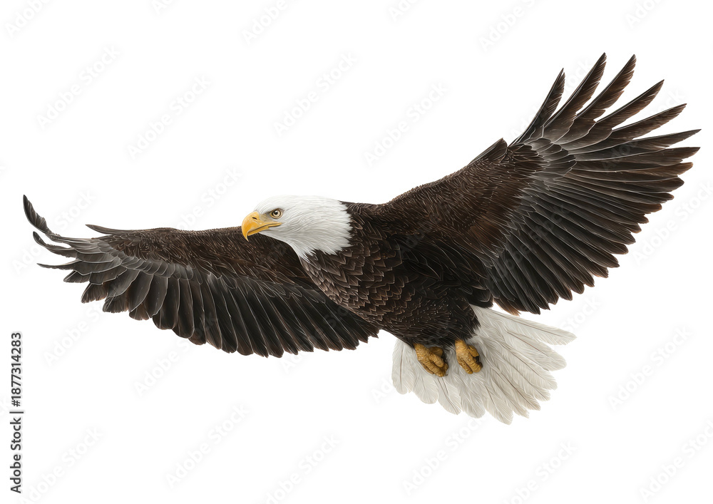 Obraz premium Bald eagle soars with wings spread in flight against a dark background