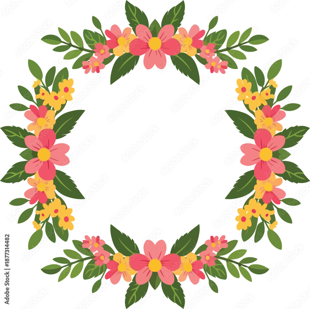 Fototapeta premium Women's Day Floral Wreath Frame with Pink and Yellow Flowers, Elegant Spring Botanical Border for Greeting Cards and Invitations