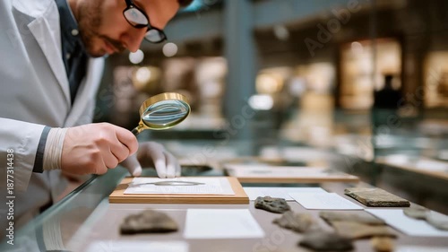 A museum conservator examining artifacts laid neatly on archival racks, using gloves and magnifying tools to document each piece — cultural preservation, historical artifact care, and professional
