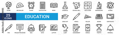 Education icon set. Containing globe, arc ruller, clock, calculator, book, chemical, school bell and more. Line vector icons collection.