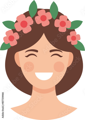 Smiling Woman with Floral Crown Illustration for International Women's Day Celebration, Feminine Empowerment Concept