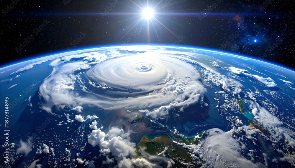 Obraz premium View of Earth from space with a hurricane swirling in clouds