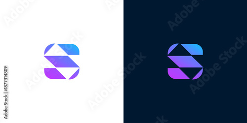 Modern abstract geometric letter S logo design, a vibrant gradient from purple to blue, presented on both white and dark backgrounds