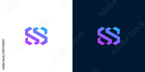 Modern abstract geometric logo icon with vibrant purple and blue intertwining gradient shapes, ideal for technology, digital branding, or connectivity concepts