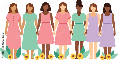 Diverse Women Holding Hands Illustration for International Women's Day, Empowerment and Unity Concept
